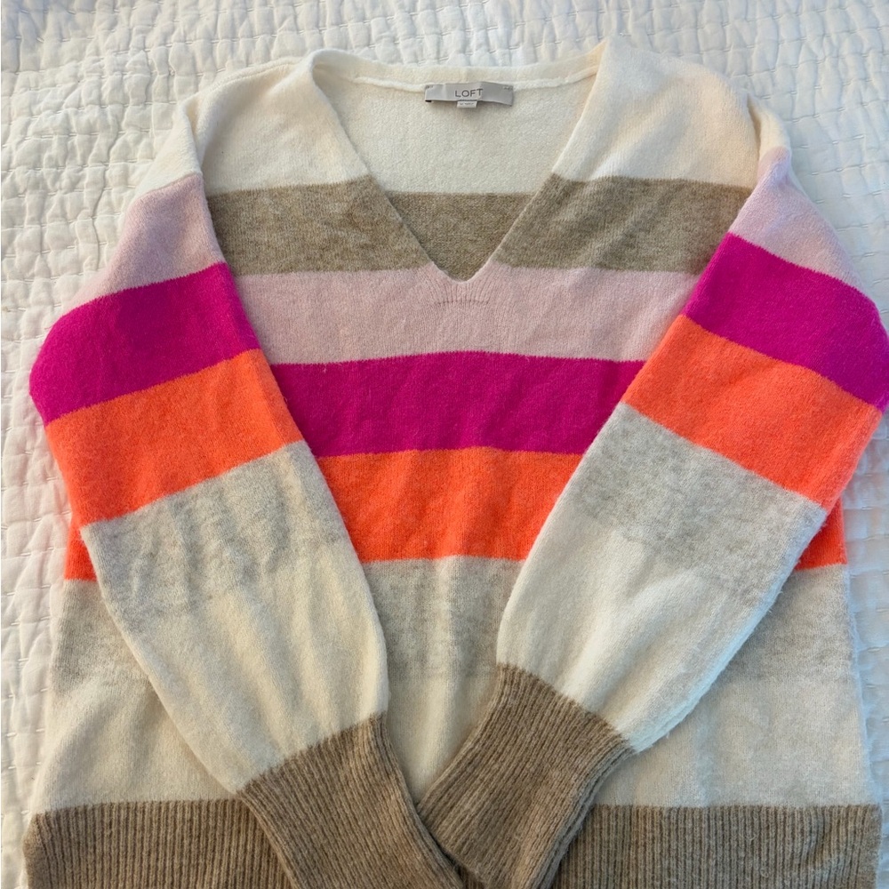 LOFT Cream V-Neck Sweater with Pink and Orange Stripes